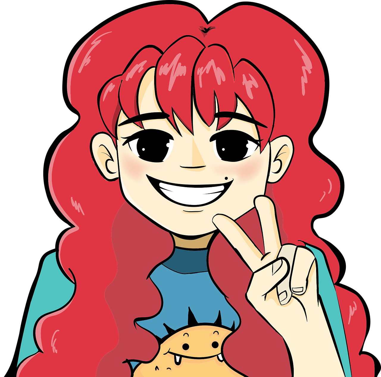 girl, smile, peace sign, red hair, avatar, cutout, young, cartoon, character, happy, portrait